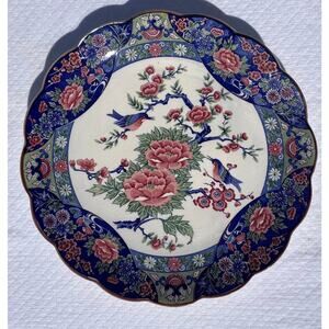 Vintage Japanese 13” Porcelain Charger Plate Birds & Peony Floral Scalloped